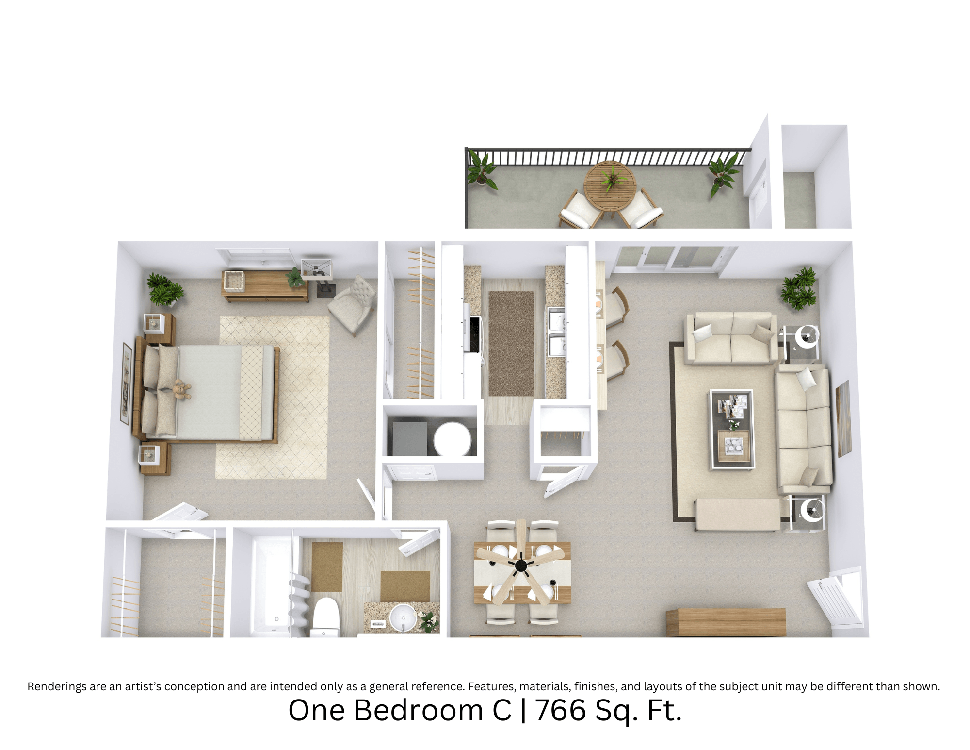 Floor plan for 1 bed, 1 bath, 766 sqft